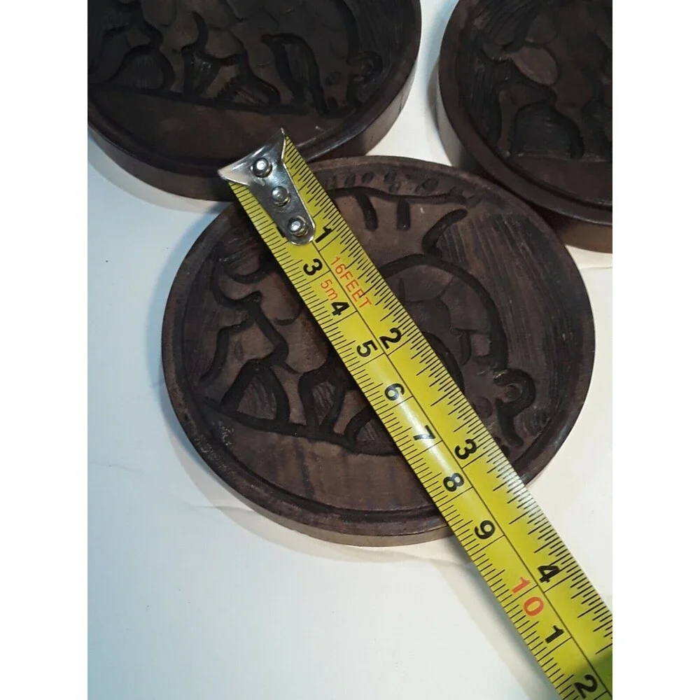 Drink Coaster Set,Wood Carved Set with Holder. African Animal Theme 7 Piece
